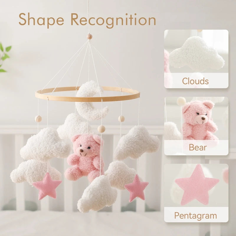 Wooden Crib Mobile Baby Bed Bell Rattles Toys Soft Felt Pink Bear Mobile Hanging Newborn Music Box Bed Bell Hanging Bracket Toys