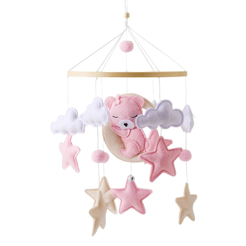 Wooden Crib Mobile Baby Bed Bell Rattles Toys Soft Felt Pink Bear Mobile Hanging Newborn Music Box Bed Bell Hanging Bracket Toys