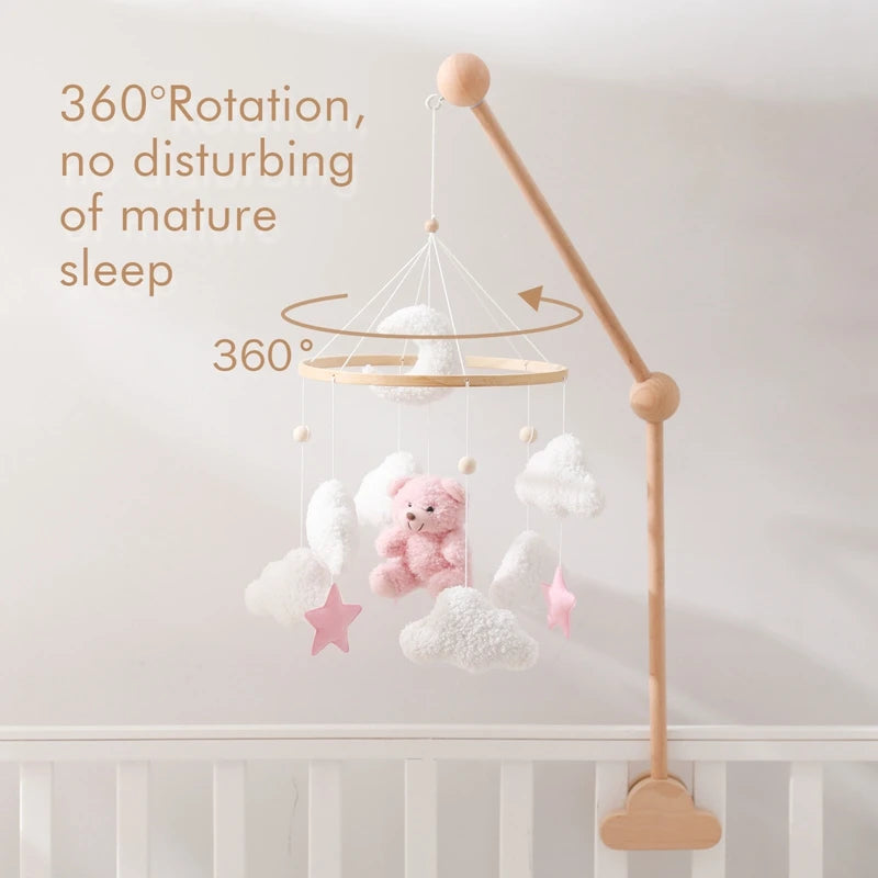 Wooden Crib Mobile Baby Bed Bell Rattles Toys Soft Felt Pink Bear Mobile Hanging Newborn Music Box Bed Bell Hanging Bracket Toys