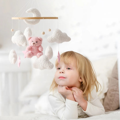 Wooden Crib Mobile Baby Bed Bell Rattles Toys Soft Felt Pink Bear Mobile Hanging Newborn Music Box Bed Bell Hanging Bracket Toys