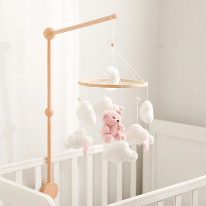 Wooden Crib Mobile Baby Bed Bell Rattles Toys Soft Felt Pink Bear Mobile Hanging Newborn Music Box Bed Bell Hanging Bracket Toys