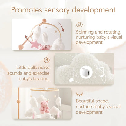 Wooden Crib Mobile Baby Bed Bell Rattles Toys Soft Felt Pink Bear Mobile Hanging Newborn Music Box Bed Bell Hanging Bracket Toys