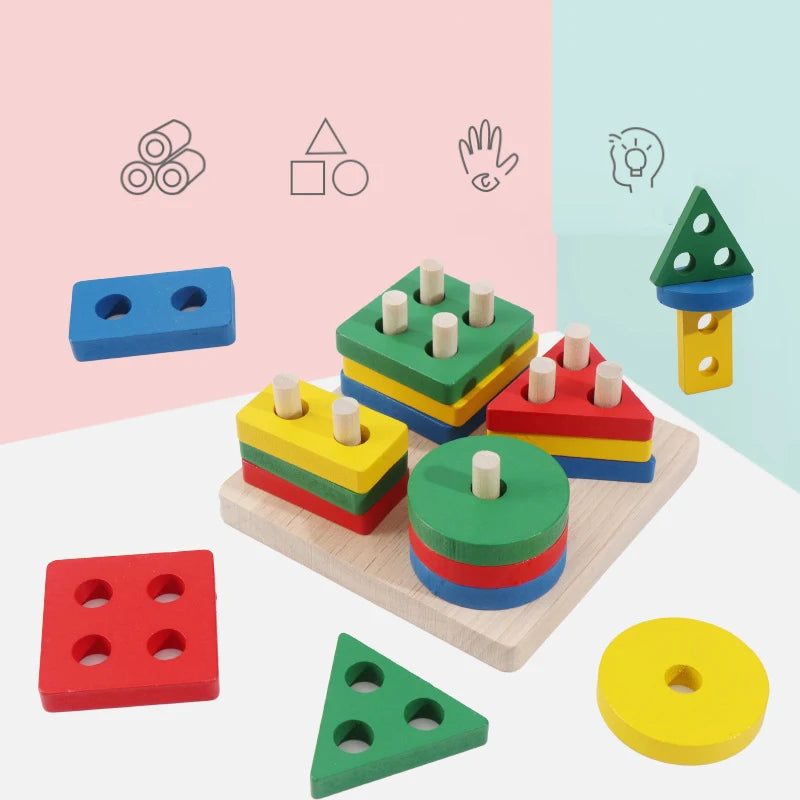 Wooden Montessori Toy Building Blocks Learning Educational Toys For Children Colorful Shapes Early Learning Kids Puzzle Toys