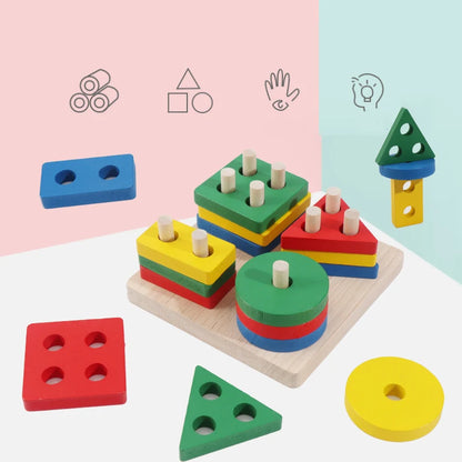 Wooden Montessori Toy Building Blocks Learning Educational Toys For Children Colorful Shapes Early Learning Kids Puzzle Toys