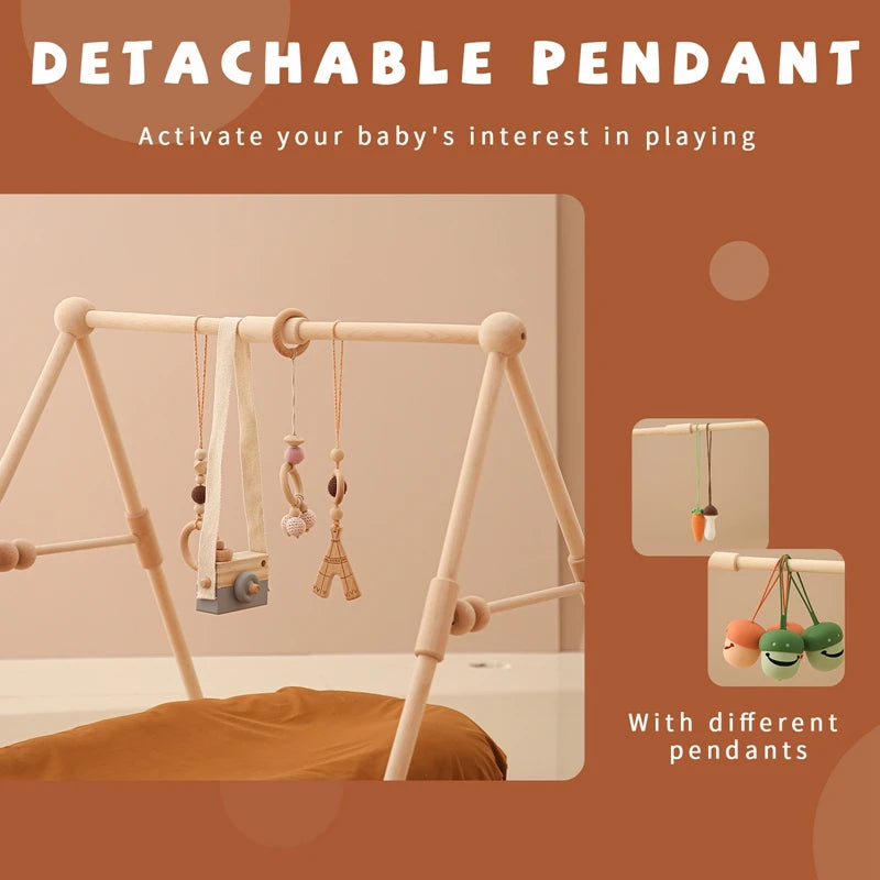 1Set Baby Wooden Gym Frame Pendant Rattle Toys Play Gym Mobile Hanging Sensory Toy Foldable Play Gym Frame Activity Gym Baby Toy