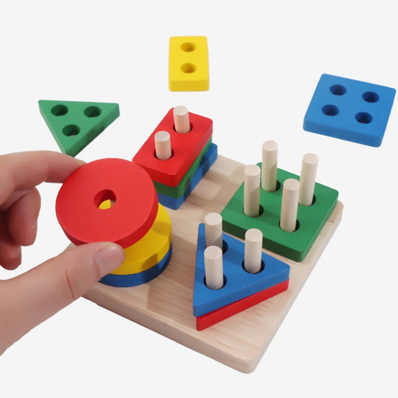 Wooden Montessori Toy Building Blocks Learning Educational Toys For Children Colorful Shapes Early Learning Kids Puzzle Toys
