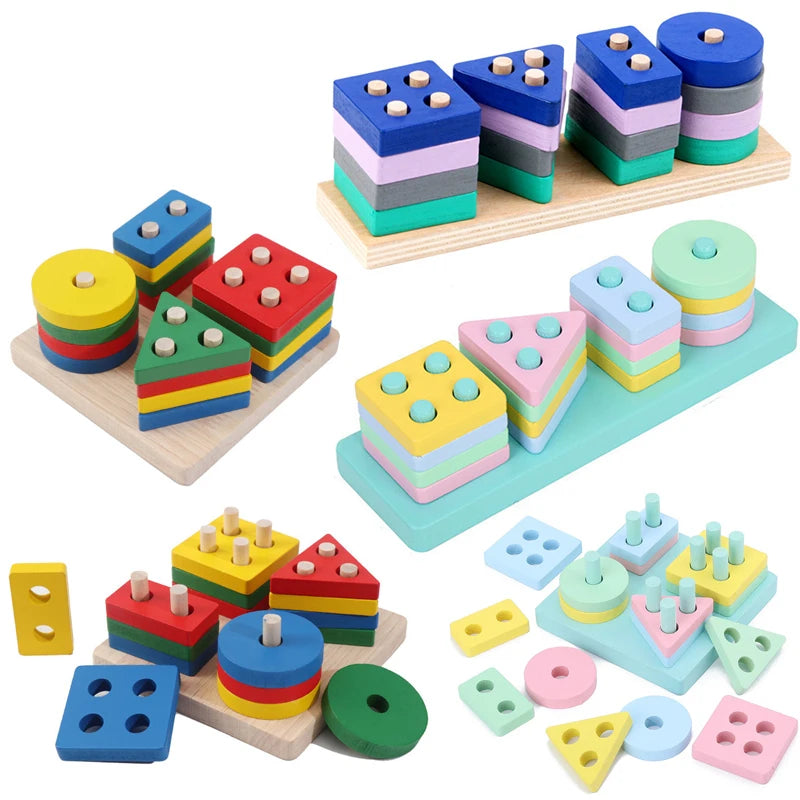 Wooden Montessori Toy Building Blocks Learning Educational Toys For Children Colorful Shapes Early Learning Kids Puzzle Toys